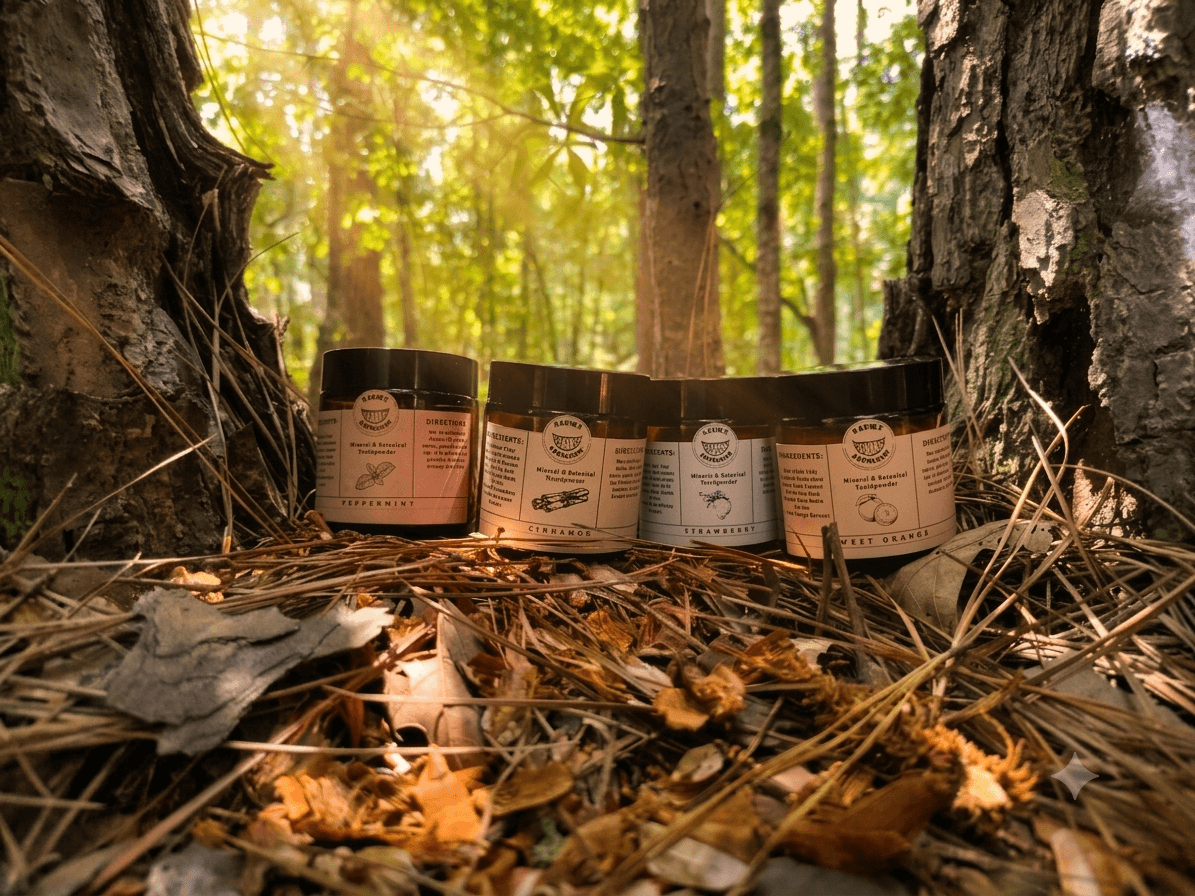 herbal mineral tooth powder for kids displayed among leaves in a forest setting, highlighting its natural ingredients.