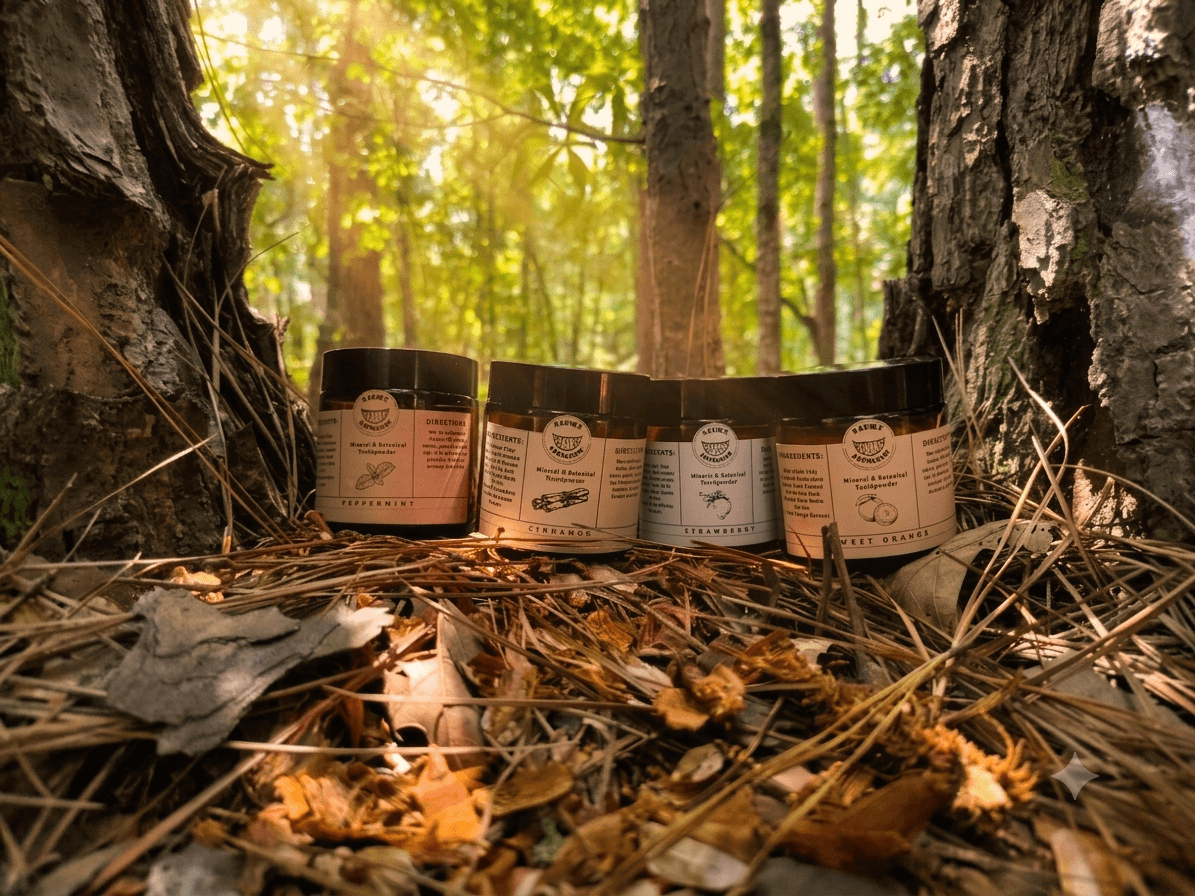 Herbal mineral tooth powder for kids displayed among leaves in a serene forest setting.